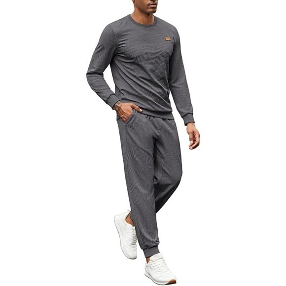 Men's 2 Piece Sweat suit Jogging Suit Set Long Sleeve Jacquard Shirt Dark Grey - Picture 3 of 6
